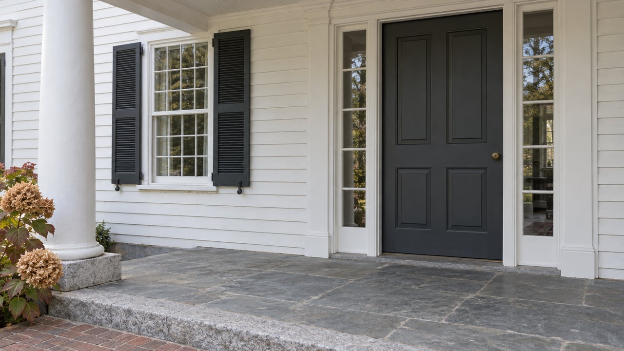 White clapboard home entry with a charcoal door, paired sidelights, dark shutters and a weathered bluestone landing.