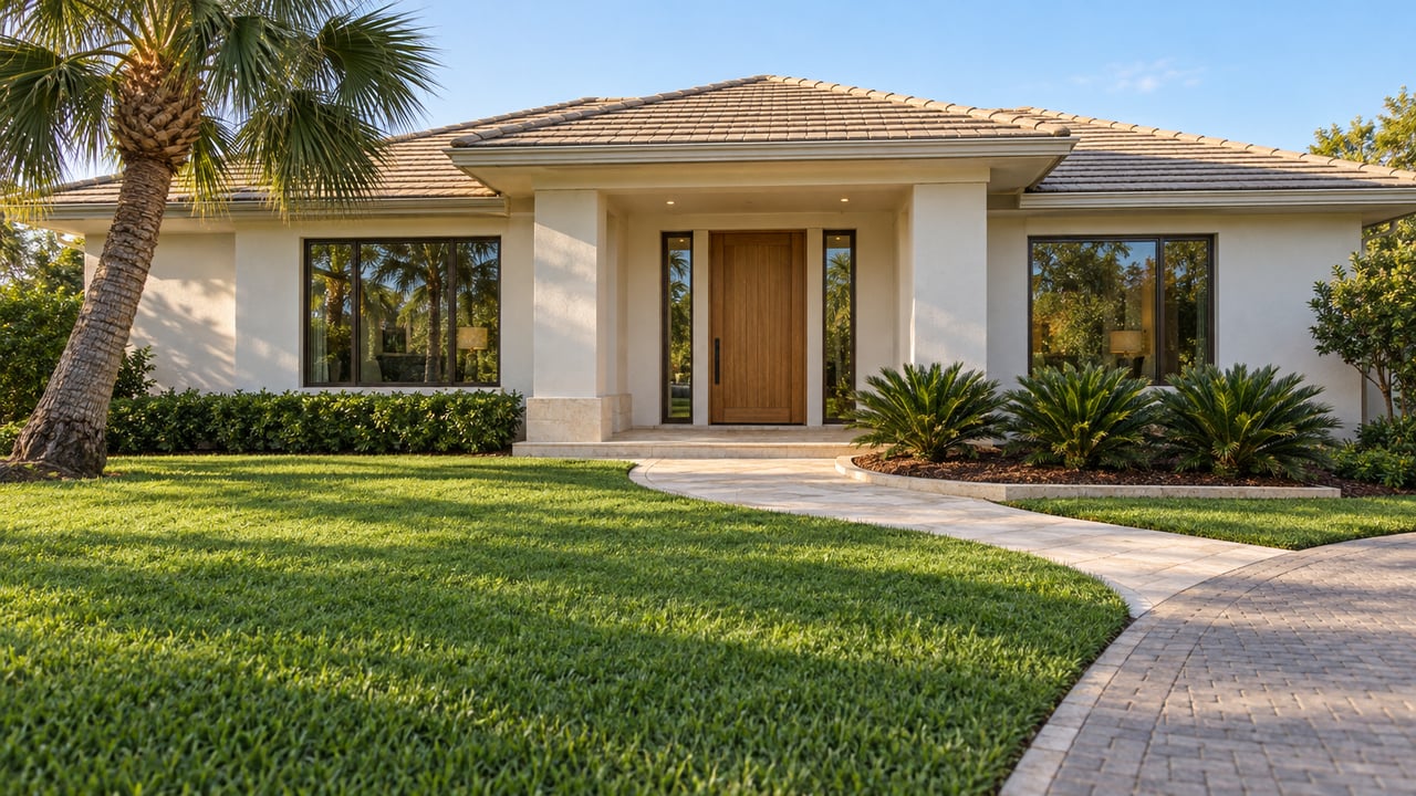 Light-stucco home with a recessed wood entry, bronze-framed windows, curved limestone walk and a mature palm beside a broad front lawn.