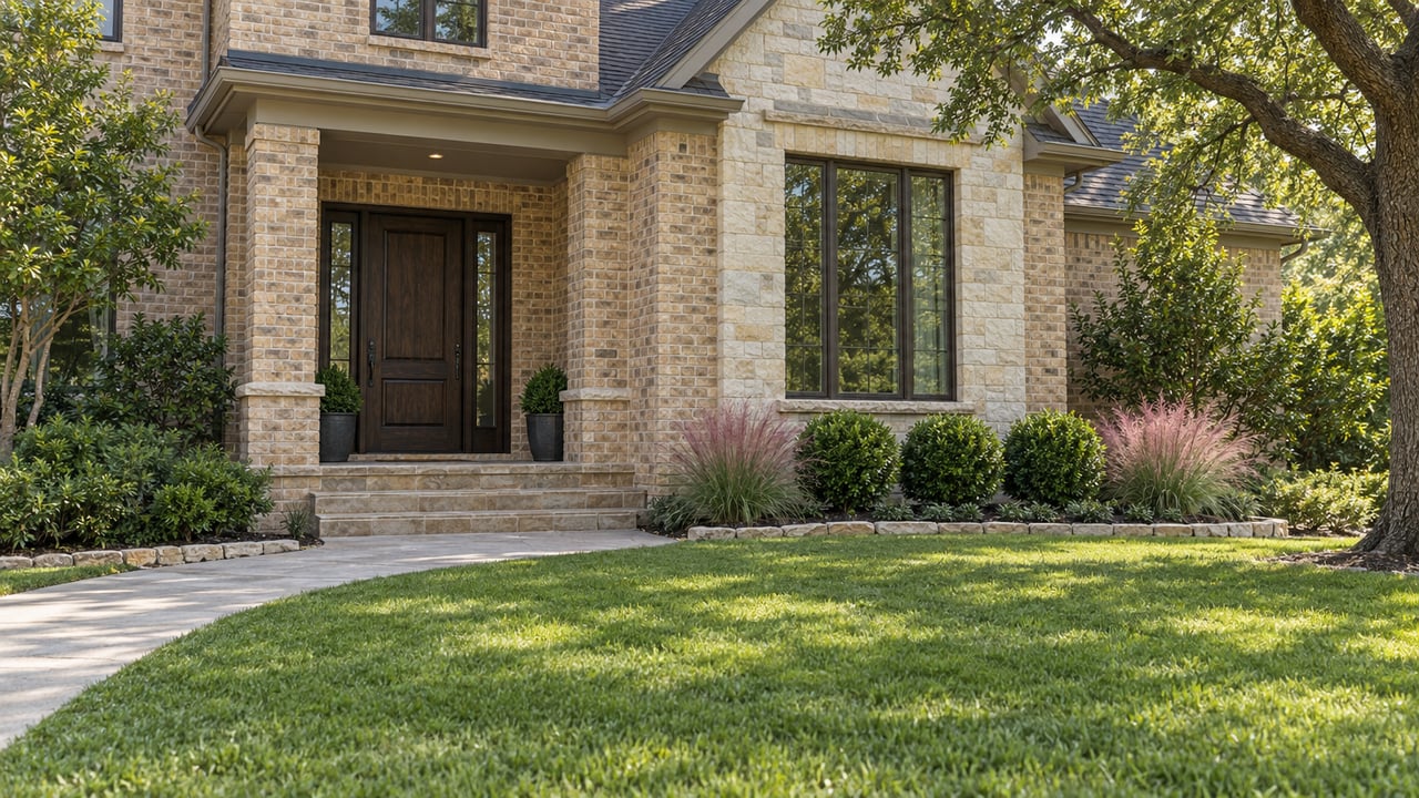 Brick and limestone home entrance beyond a deep lawn, with an oak door, shaded porch, live oak and pink muhly grass.