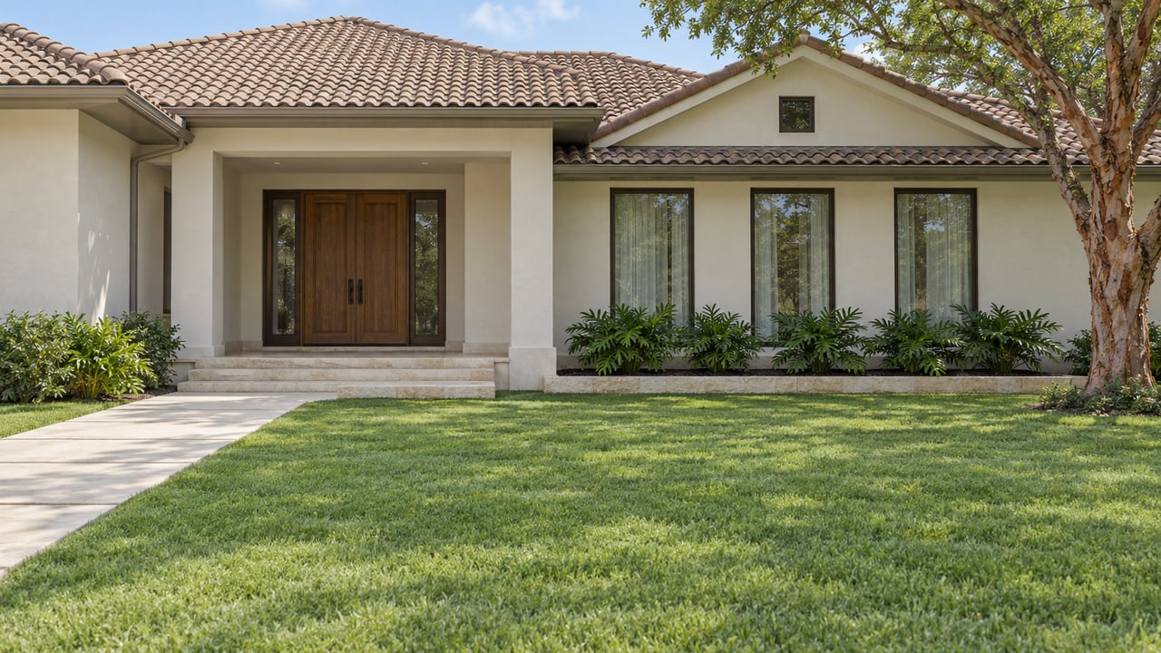 Sunlit pale stucco home with a tiled roof, tall windows and a broad green front lawn.