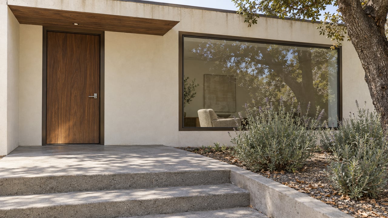 Sunlit cream stucco home with a recessed walnut door, broad bronze-framed window, concrete entry steps and silver-green sage beneath an oak.