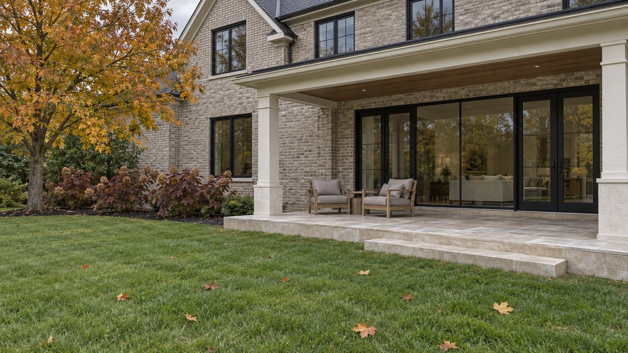 Autumn lawn beside a gray brick home with a raised limestone terrace, teak chairs and closed glass doors.