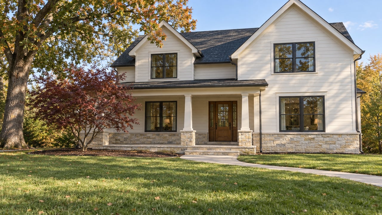 An off-white gabled home with a limestone porch, a deep green front lawn, and oak and dogwood foliage beginning to turn for fall.