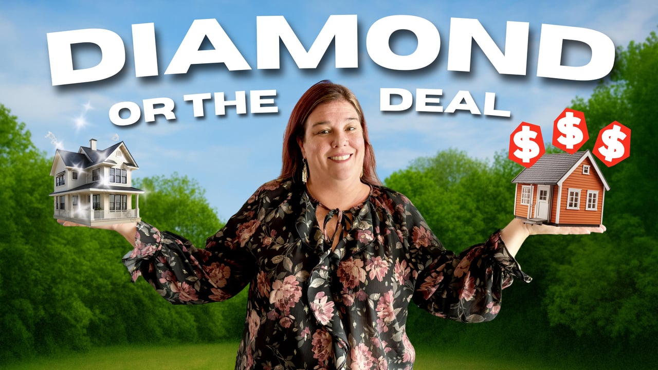 Diamond or the Deal: a woman weighs a white house against an orange house with dollar signs.