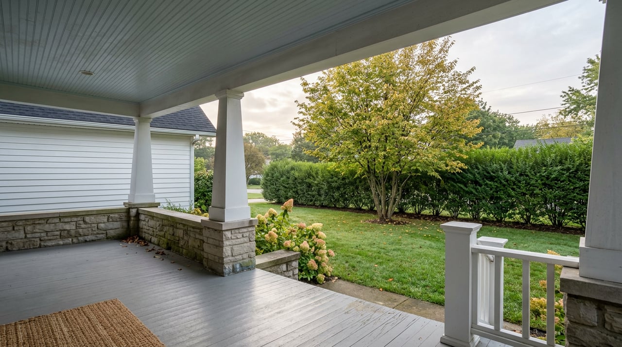 Covered farmhouse porch overlooking a green lawn, clipped hedge, and multi-stem tree with pale-gold leaves.