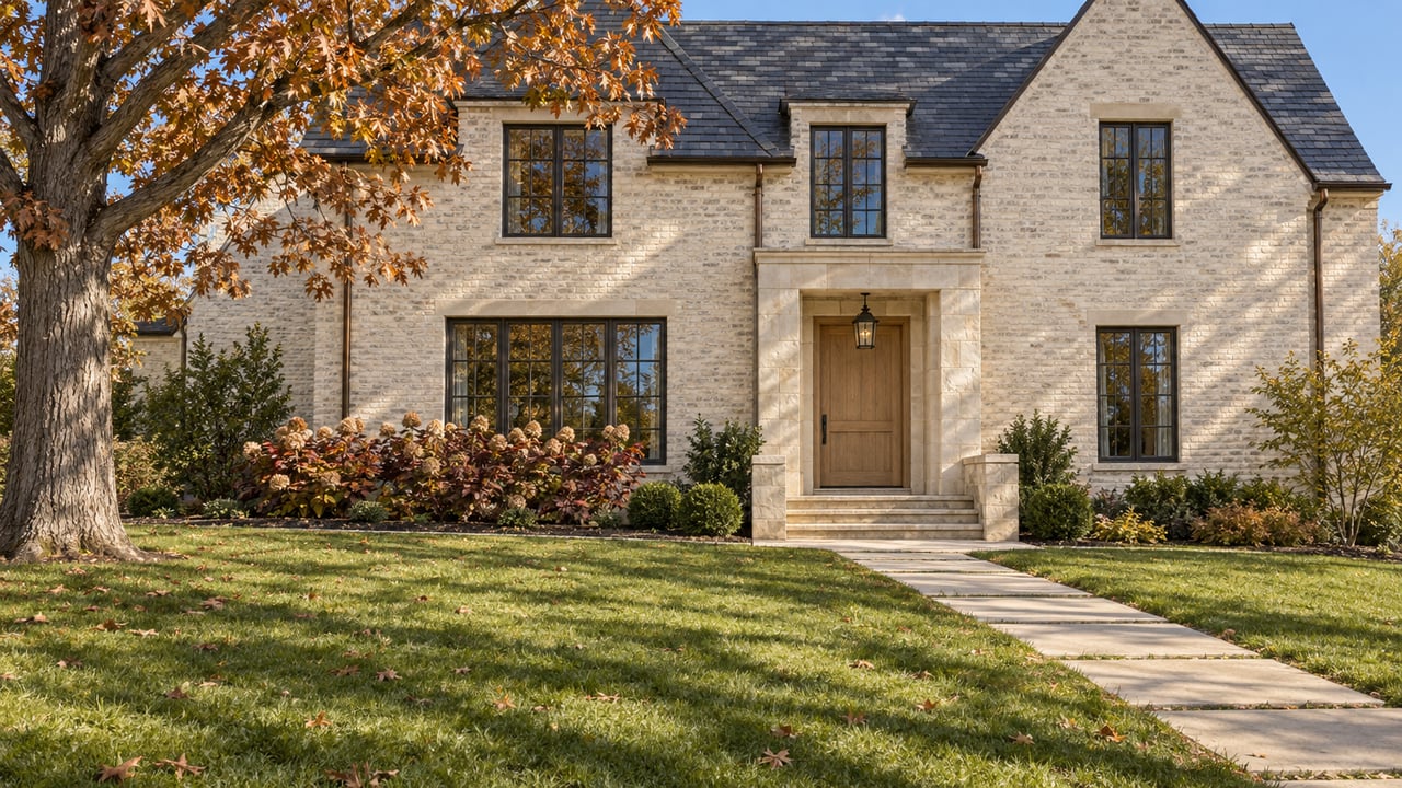 Sunlit limewashed-brick home with limestone entry, slate roof, deep lawn and an autumn white oak.