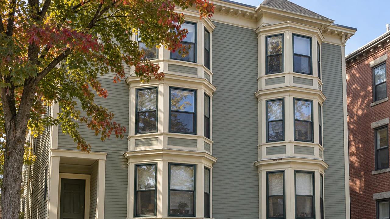 Sage-gray three-story wood house with stacked bay windows, framed by a partly turning maple.