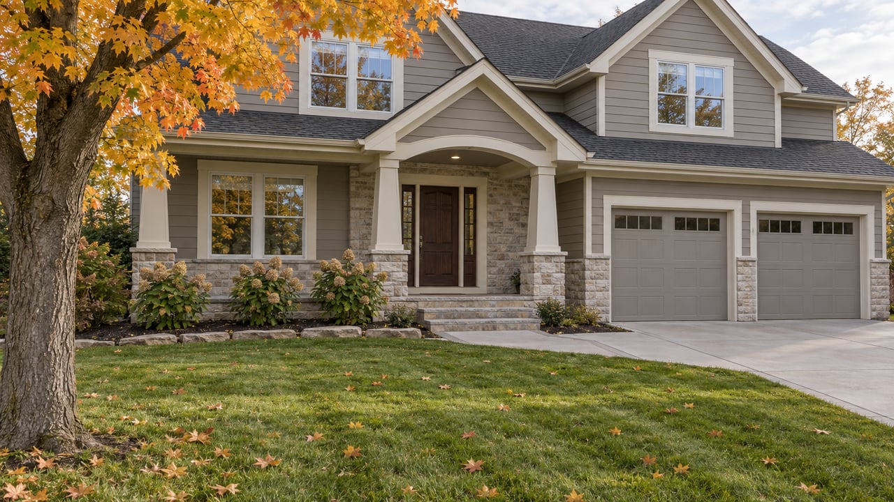 Stone-gray gabled home with a limestone porch, broad front lawn and a mature maple in autumn color.
