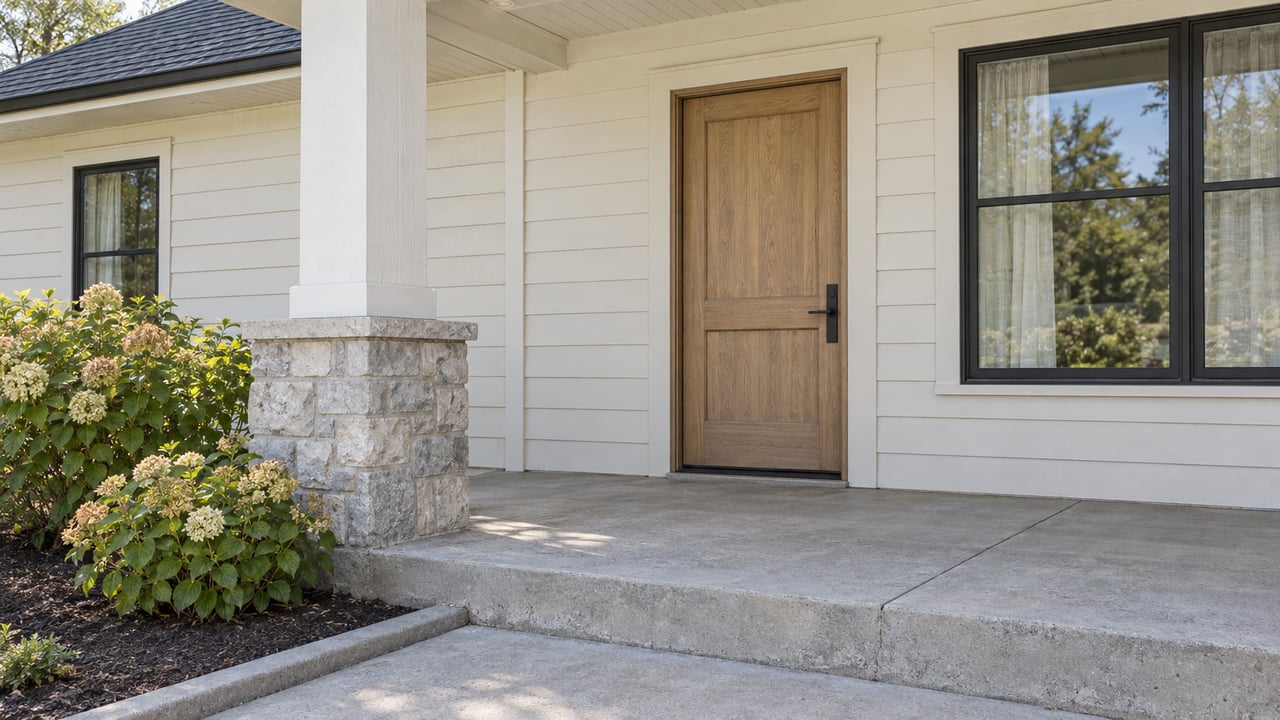 Home’s covered front porch with a wooden door, stone column, and flowering shrubs.