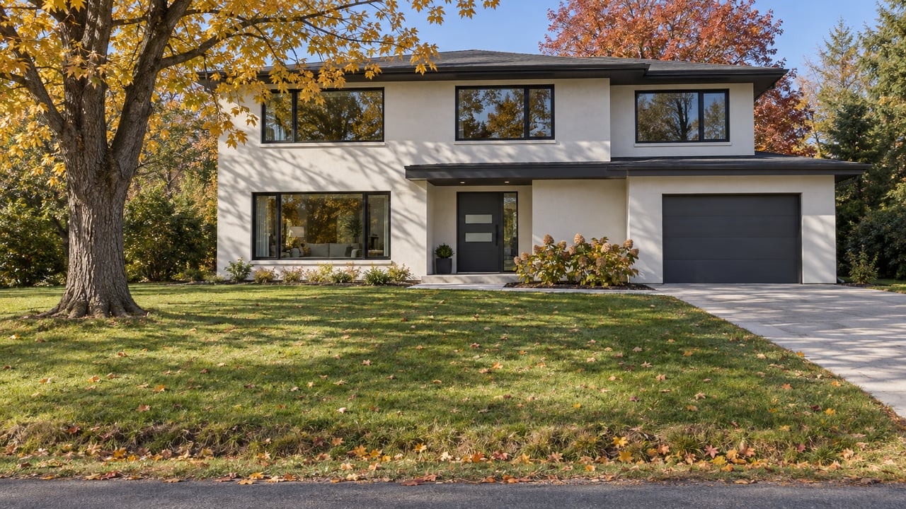 White contemporary detached home behind a deep green lawn, with amber maple foliage and a shallow grass-lined roadside swale.