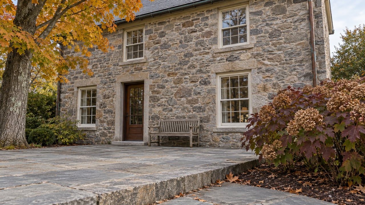 Stone home with ivory sash windows, a closed glazed door, and a raised flagstone terrace beside amber maple foliage and burgundy oakleaf hydrangeas.