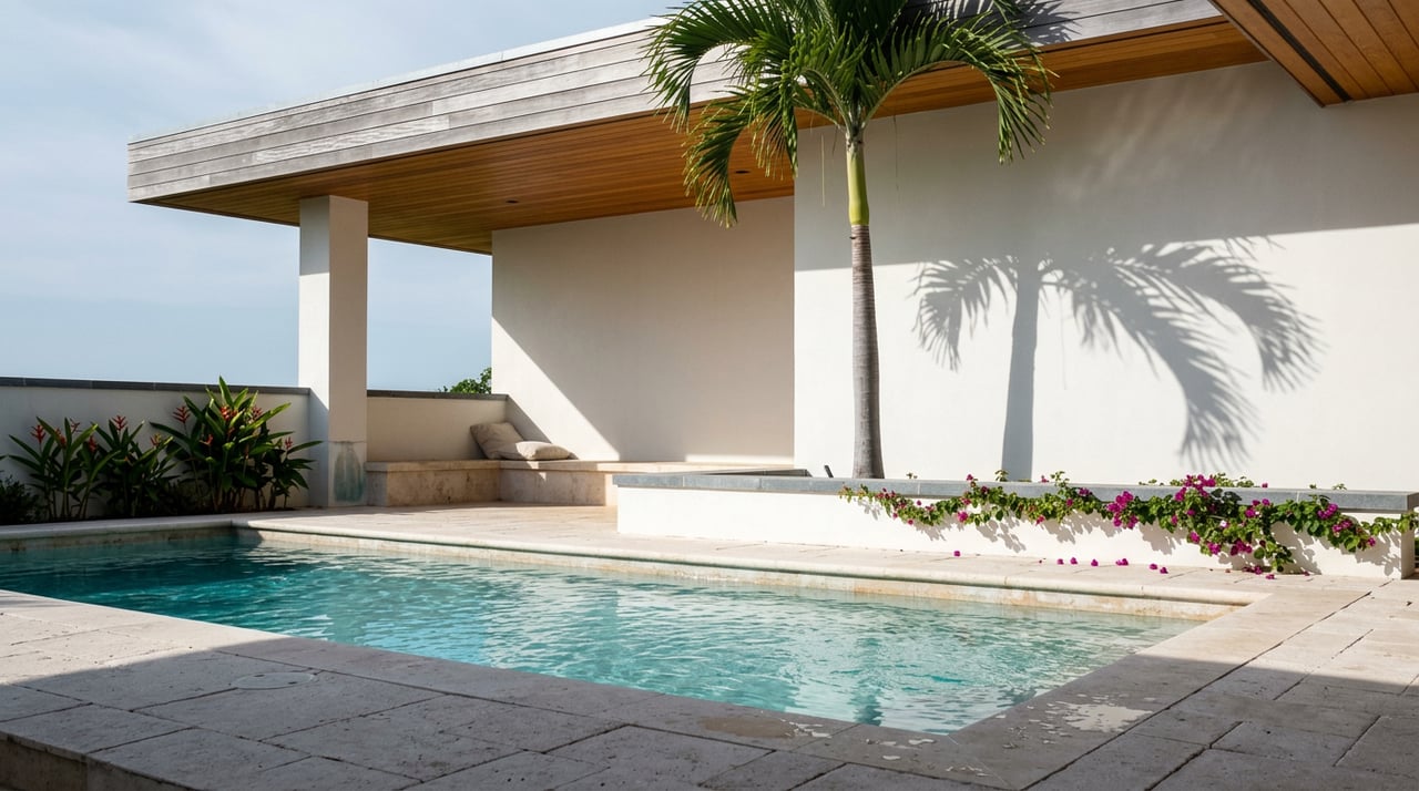 Villa pool terrace with turquoise water, a royal palm, red heliconias, and magenta bougainvillea beside white stucco.