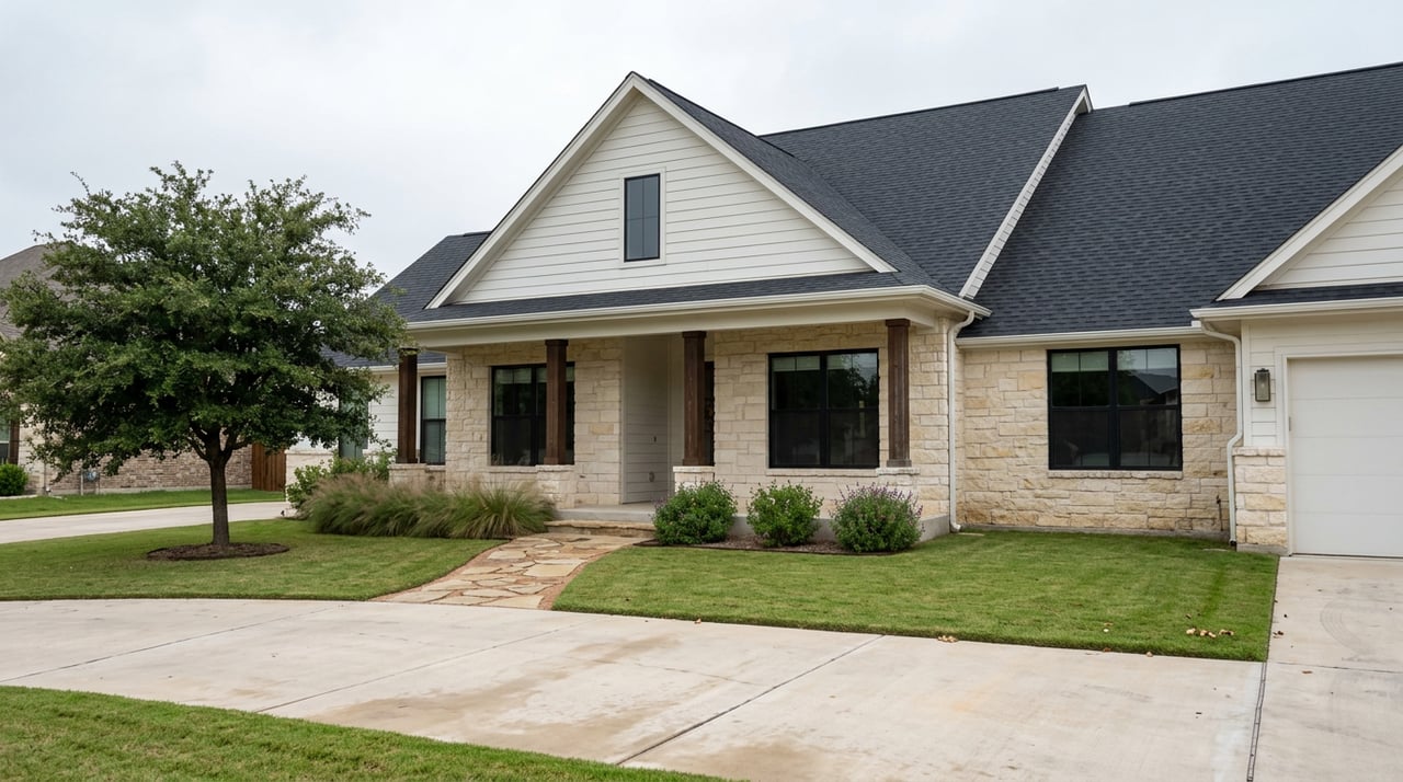 Suburban home with limestone facade, white gable siding, broad lawn, live oak, and ornamental grasses.
