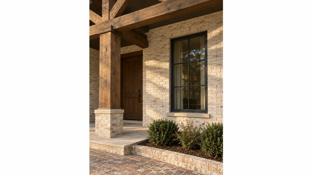 Painted-brick porch with a stained timber post, dark divided-light window, recessed wood door, and two clipped shrubs.