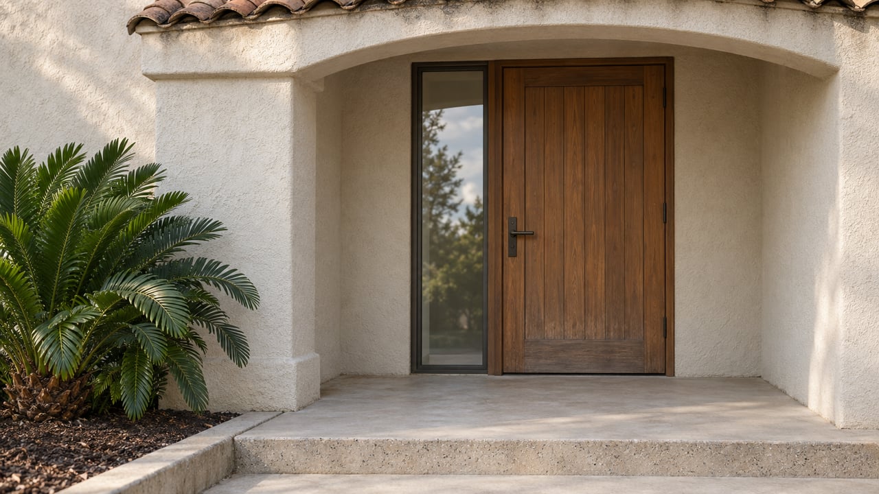 Recessed stucco home entrance with a teak door, bronze-framed sidelight, pale concrete step and one spreading coontie plant.