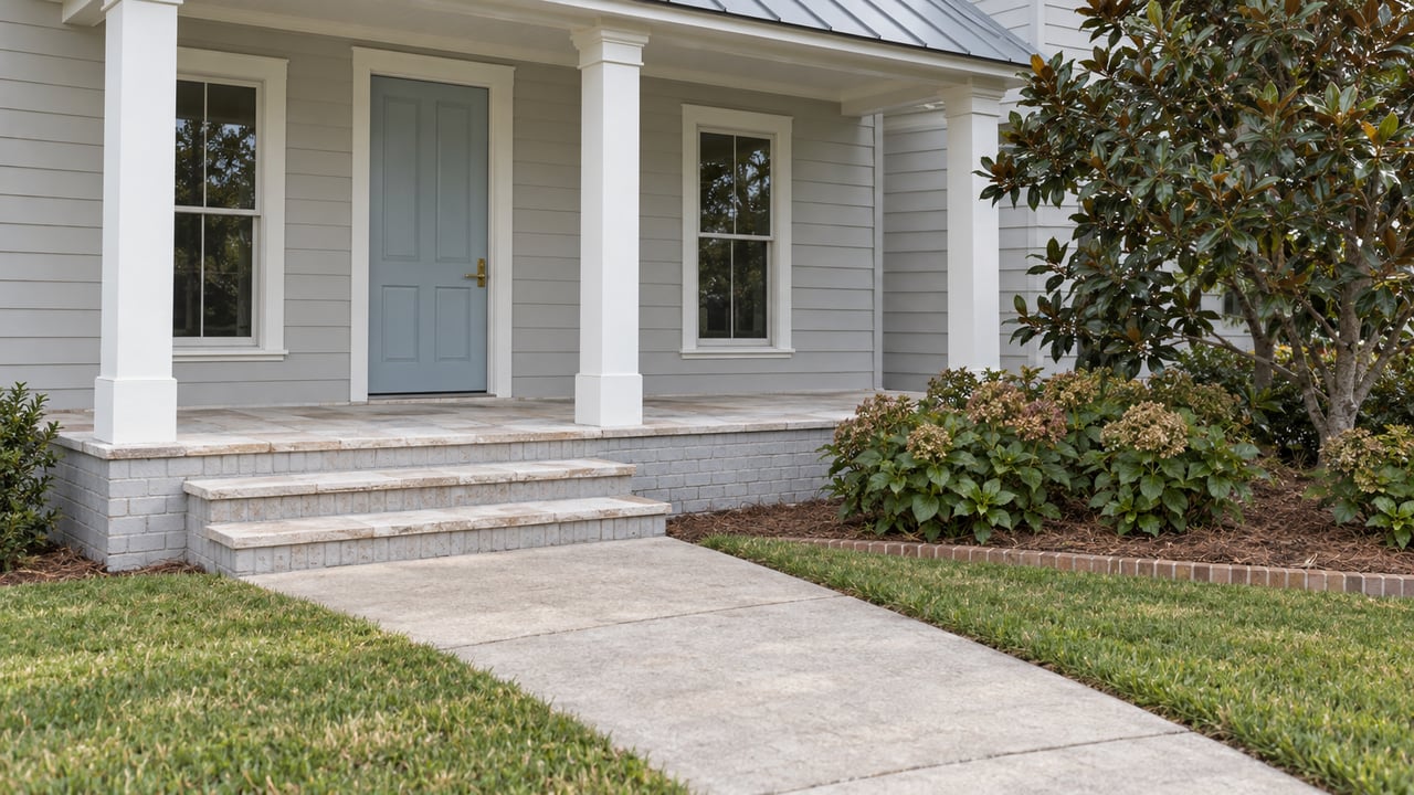 Soft-gray home with a pale-blue front door, raised brick porch, broad limestone steps and a lawn bordered by magnolia and oakleaf hydrangeas.