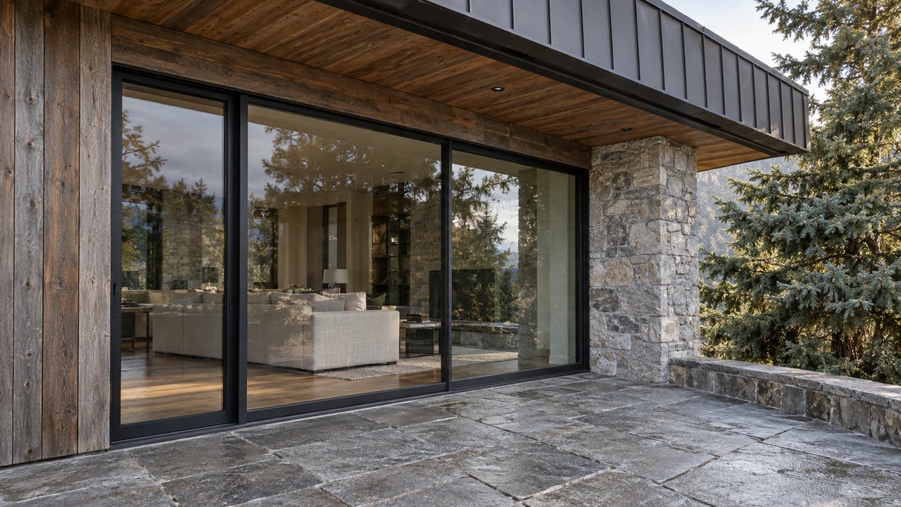 Cedar and stone dwelling with closed black-framed glazing and a stone terrace beside a blue-green conifer.