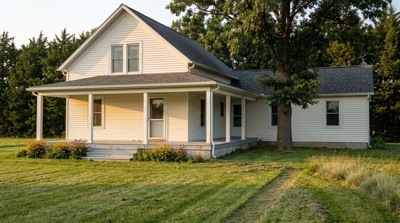 Off-white, two-story farmhouse with a covered porch, worn double-track lawn path, and mature oak beside it.