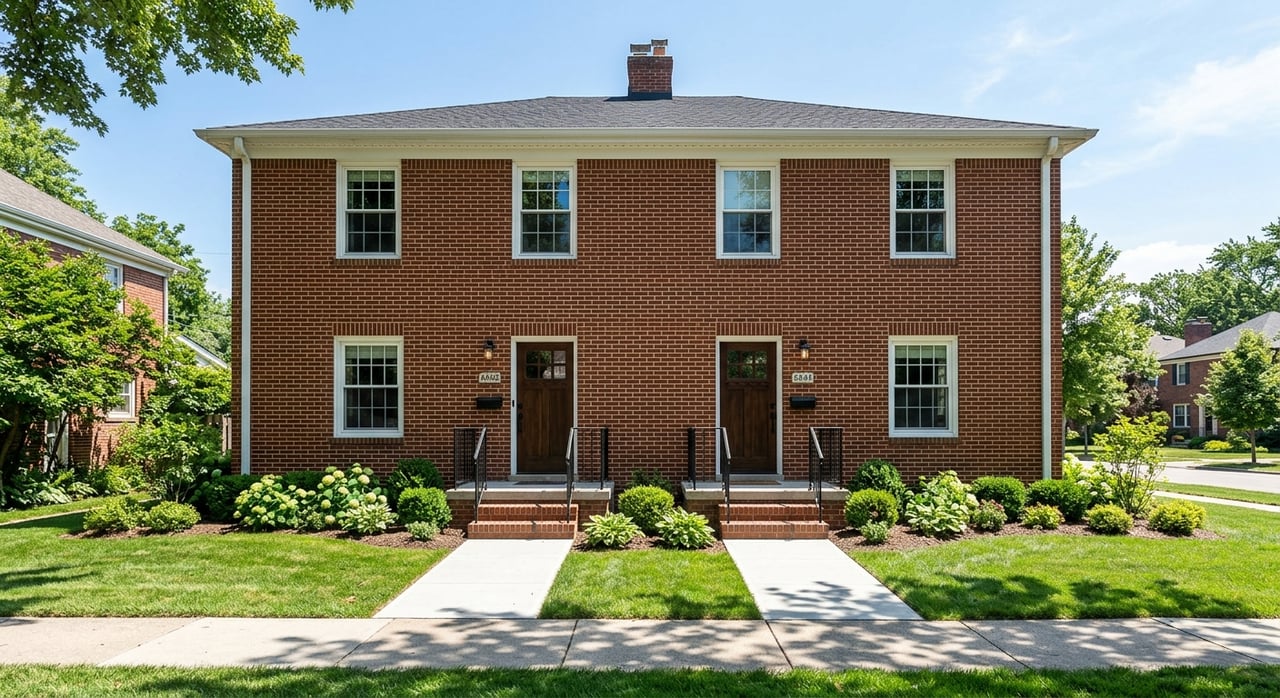 Brick duplex with two cream doors beneath a shared porch roof and limestone-trimmed windows.