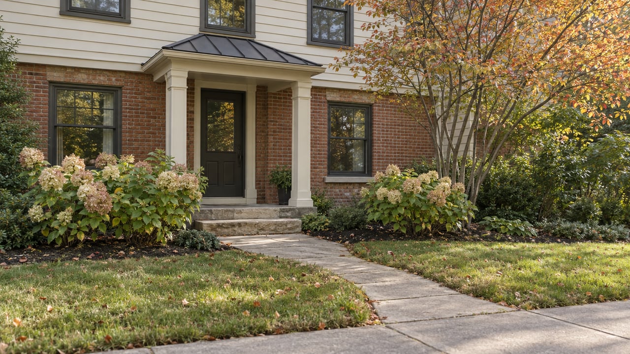 Older red-brick and cream-clapboard house with a recessed entry, curved path, and flowering shrubs.