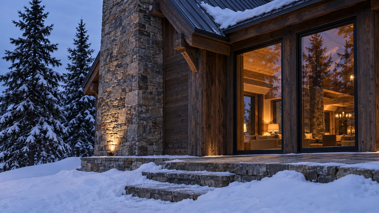 Snow-covered lodge corner with a stone chimney, timber walls, glowing windows, and three stone entry steps.