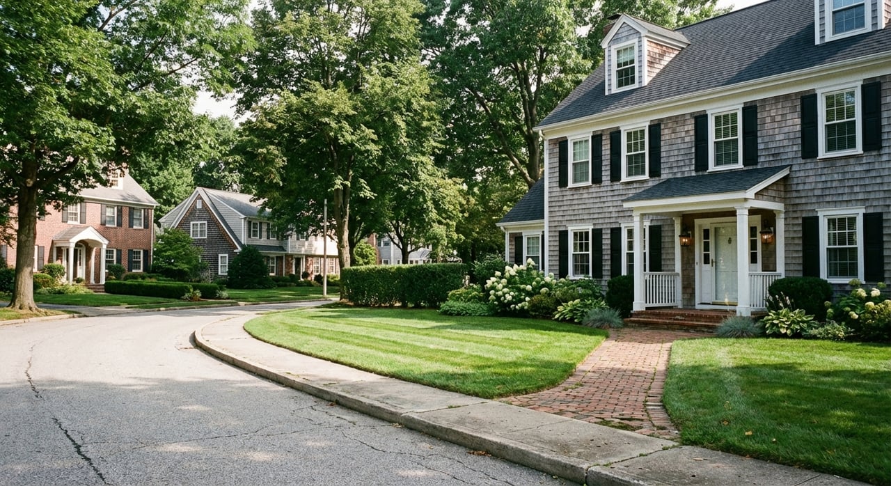 Tree-lined residential street with shingle-and-brick homes, manicured lawns, and porch entrances.