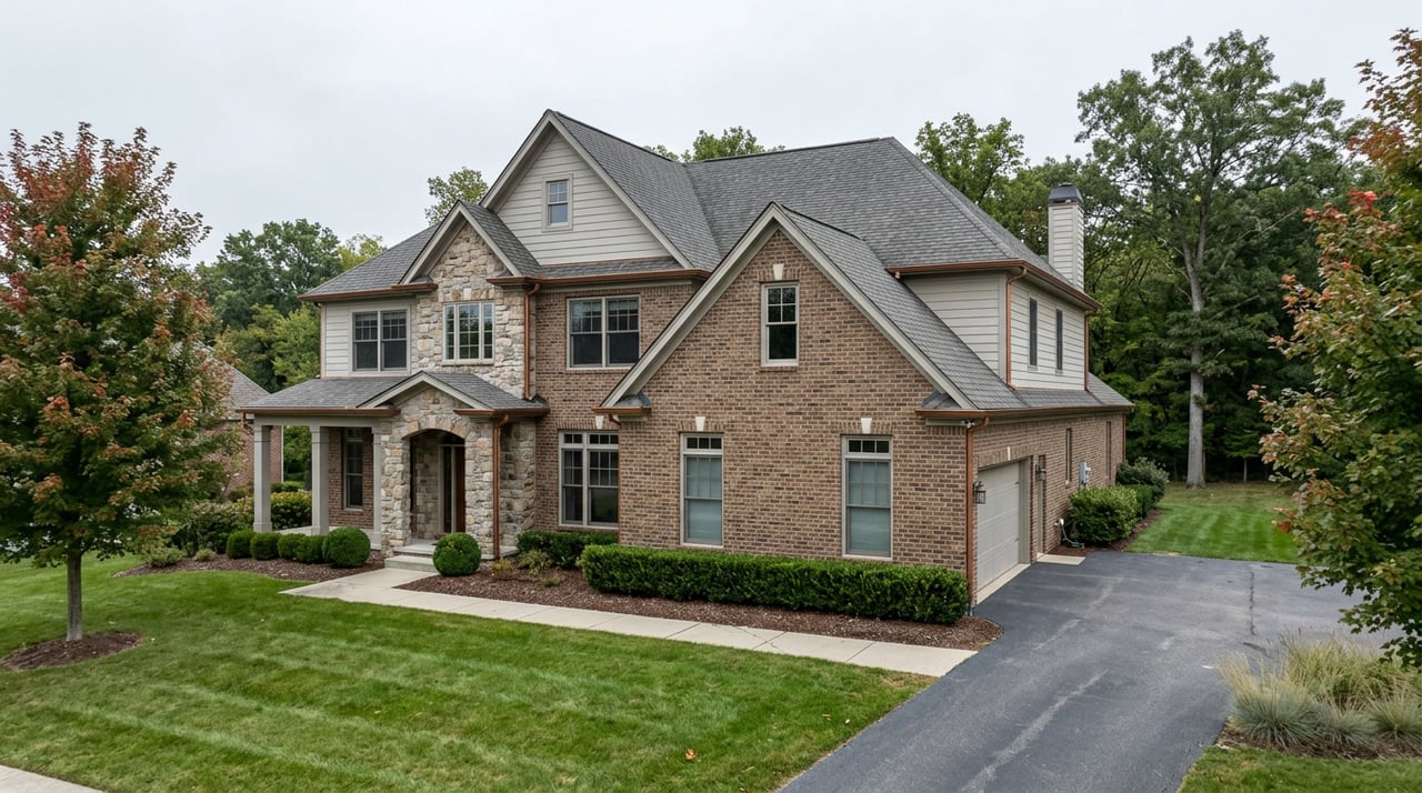 Two-story brick-and-stone home with greige siding, a diagonal driveway, broad lawn, and trees behind.