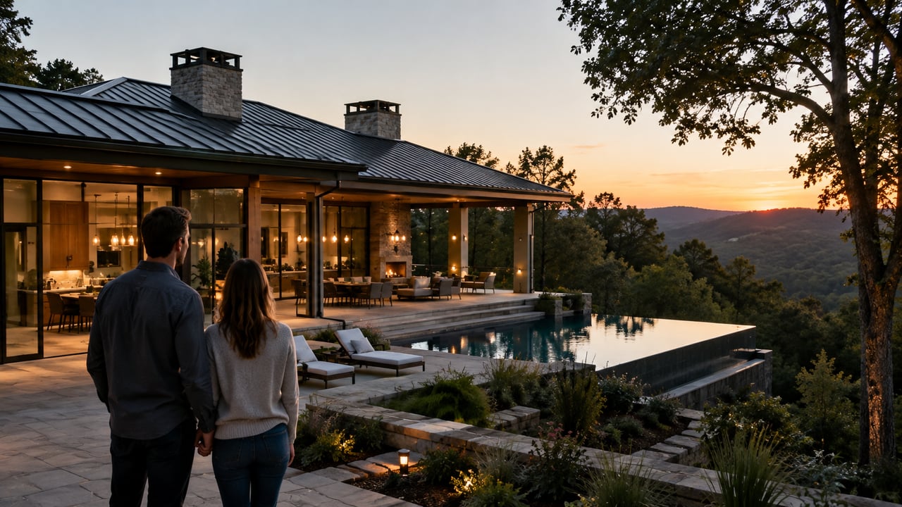 A luxury private estate at sunset featuring modern architecture, expansive glass walls, an infinity pool, and scenic Tennessee views as prospective buyers admire the exclusive property, representing the privacy and unique advantages of purchasing an off-market luxury home.