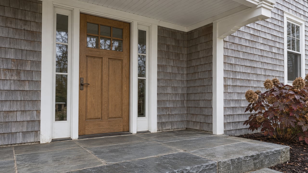Weathered cedar-shingle entry with a closed oak door, paired glass sidelights, and a bluestone landing beside burgundy oakleaf hydrangea.