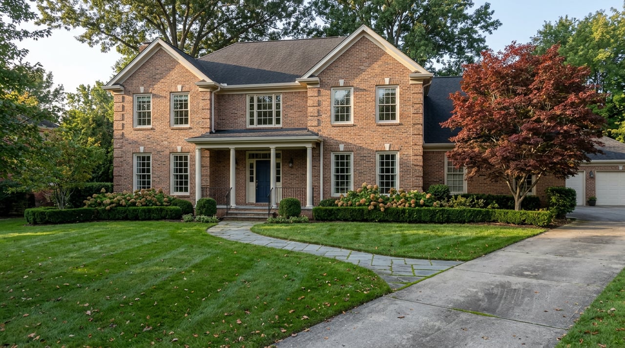 Two-story brick home with white columns, a navy door, broad lawn, paver walkway, and red maple.