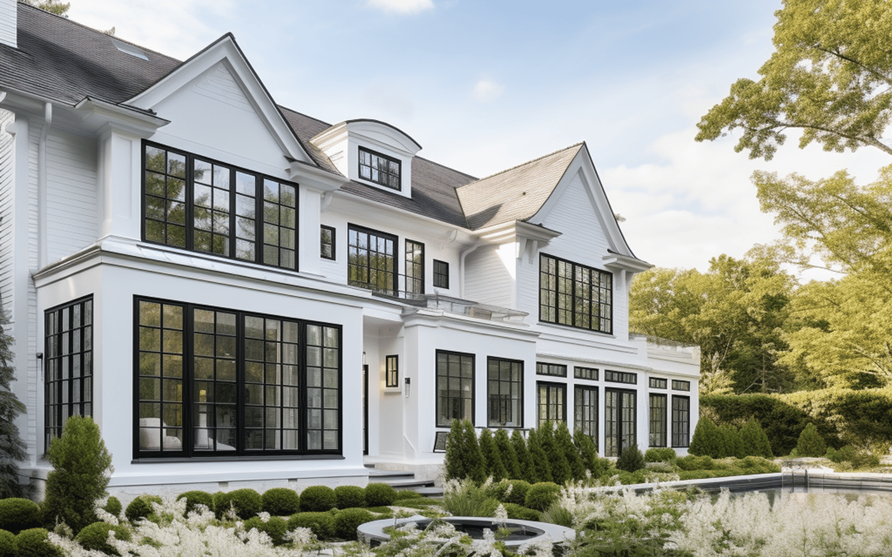 Large white house with black-framed windows, landscaped gardens, and a reflecting pool.