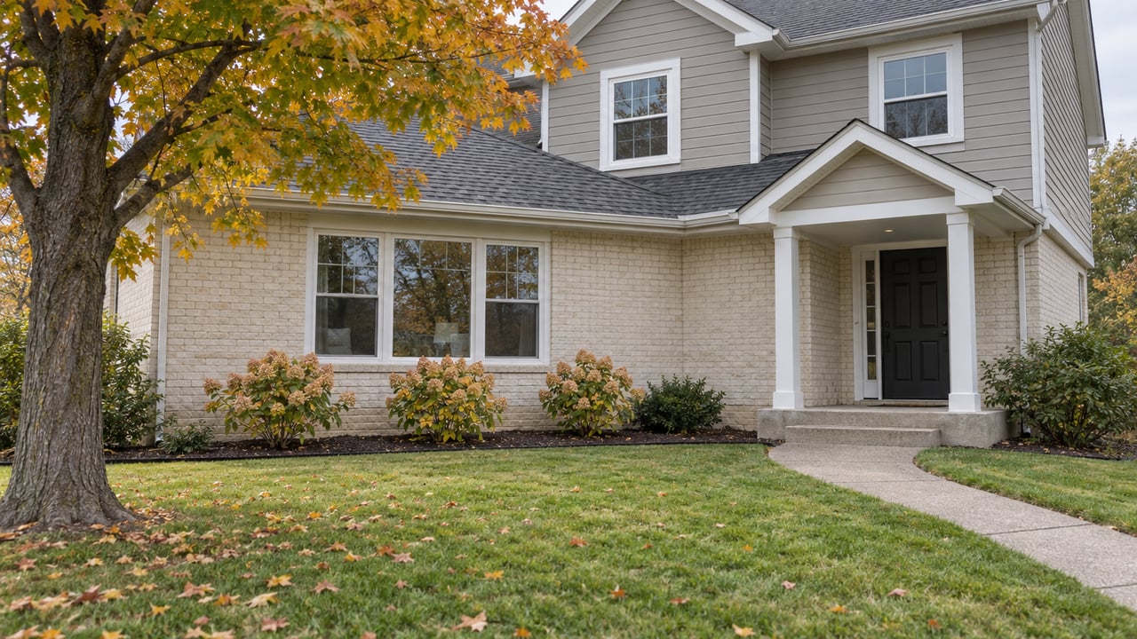 Cream-brick and taupe-sided two-story home beyond a deep autumn lawn, with a covered dark front door and sugar maple.