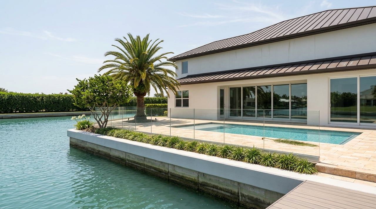 Canal-front home with a turquoise pool, travertine terrace, specimen palm, glass seawall railing, and dock.