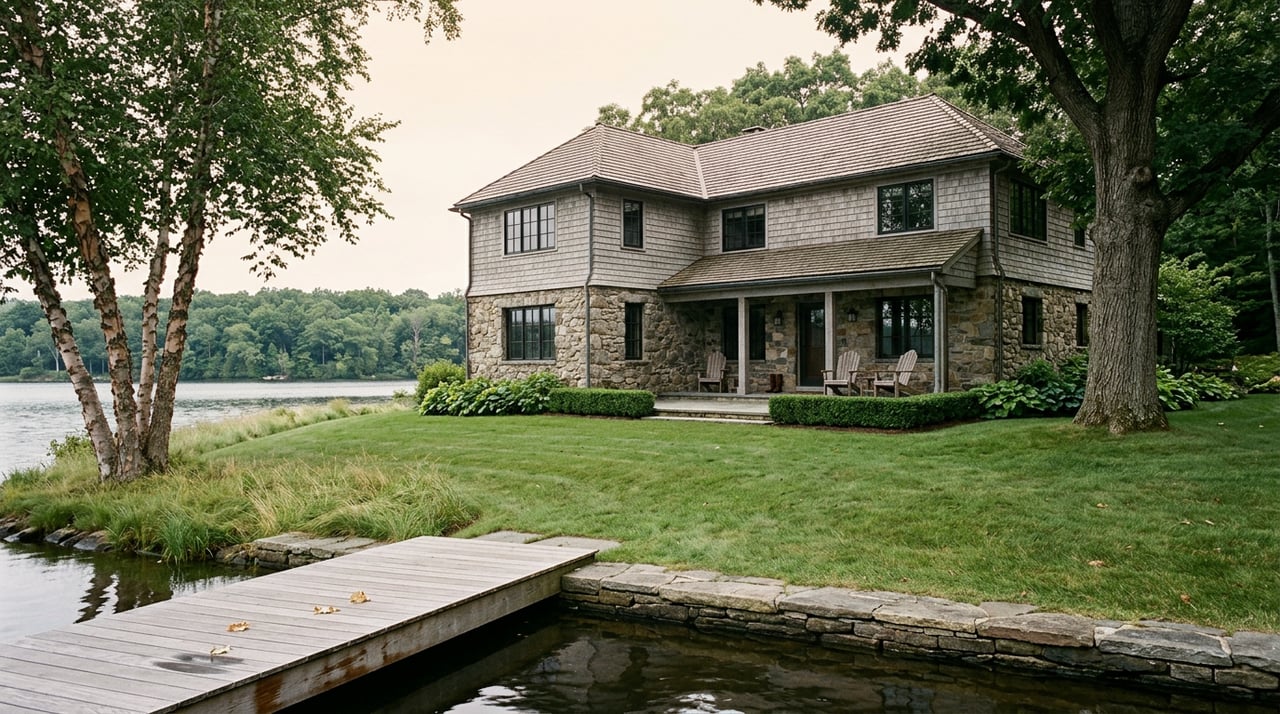 Lakefront home with a stone-and-cedar facade, Adirondack chairs on its terrace, and a dock beside the lawn.