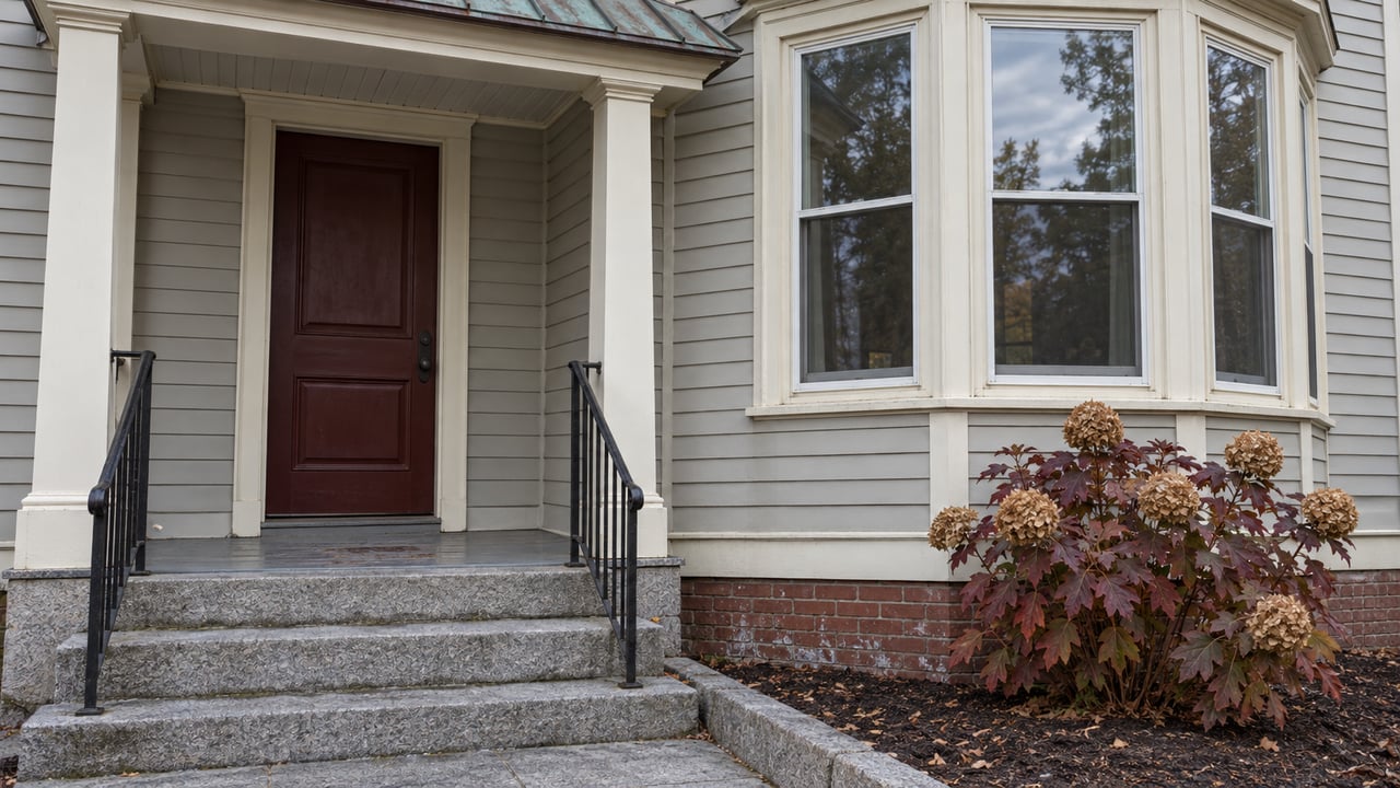 Painted clapboard entry and bay windows above worn granite steps, with burgundy oakleaf hydrangea beside the landing.