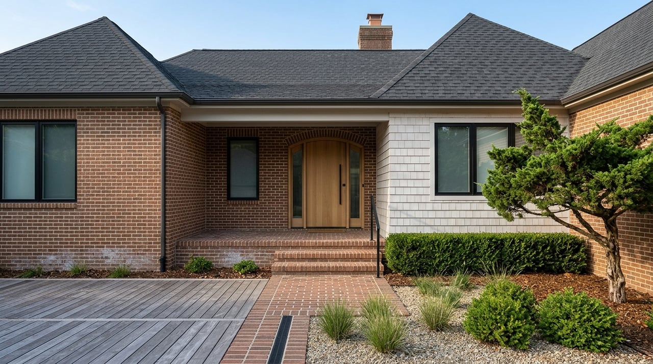 Oak pivot door beneath a dark gabled roof, framed by brick, whitewashed cedar shingles, and dune grasses.