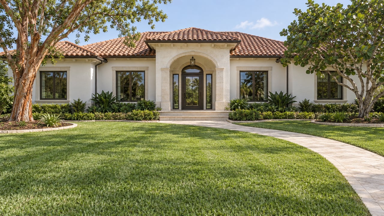 White stucco home with a terracotta roof, bronze-framed windows, limestone entry walk, and a broad lawn framed by two specimen trees.