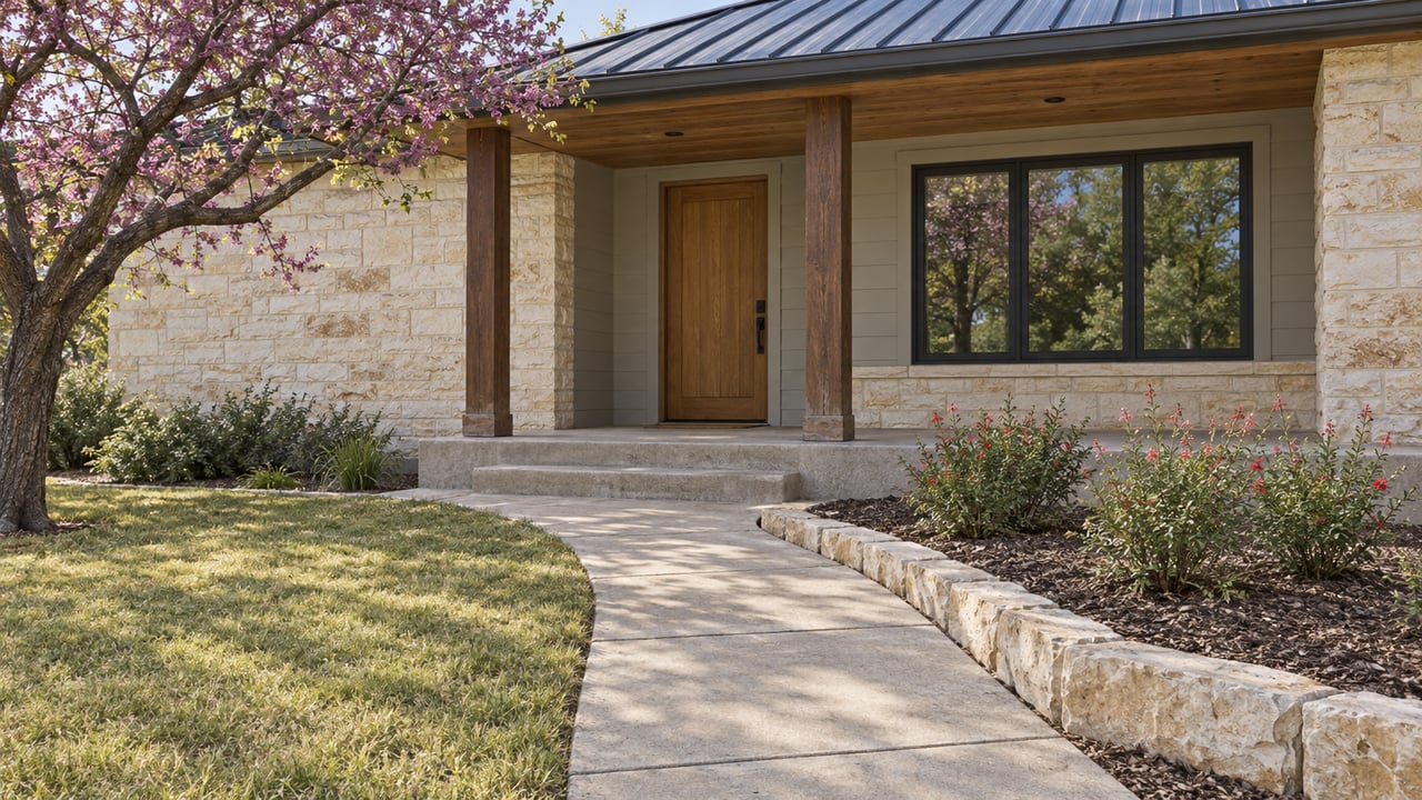 Sunlit limestone and timber front porch with an oak door, a curved concrete approach and carefully spaced flowering plants.