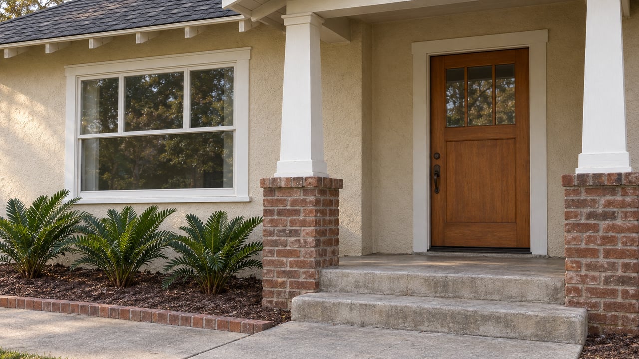 Cream stucco cottage entry with a wood door, white-trimmed window, brick porch bases, and coontie planting beside worn concrete steps.