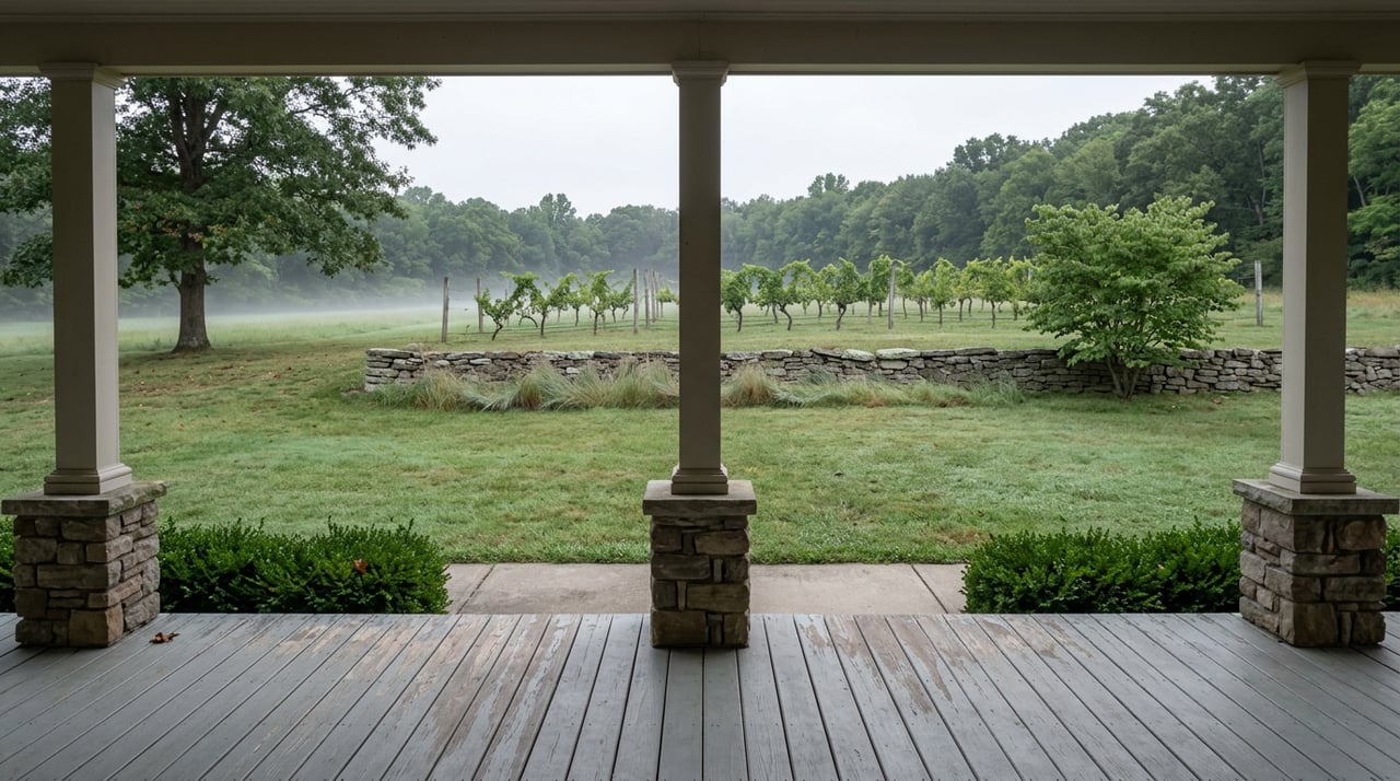 Covered porch overlooks a dewy, misty lawn, low stone wall, trellised grapevines, and wooded hillside.