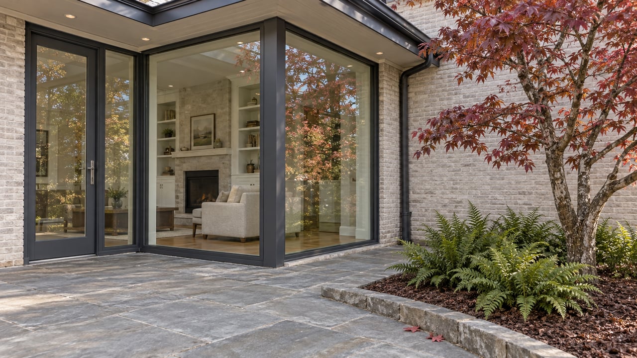 Pale brick home with full-height corner glazing and a sandstone terrace beside a burgundy-leaved dogwood.