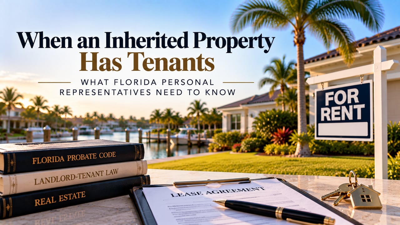 Florida waterfront rental property with a lease agreement, house keys, and probate documents, illustrating what personal representatives need to know about tenants, lease obligations, and selling tenant-occupied inherited real estate.