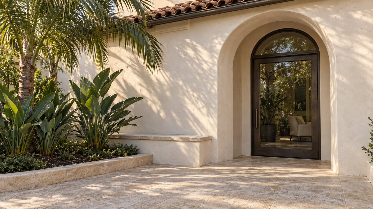 Sunlit stucco entry with a terracotta eave, arched glass doorway, limestone paving, and a palm beside a stone-capped bench.