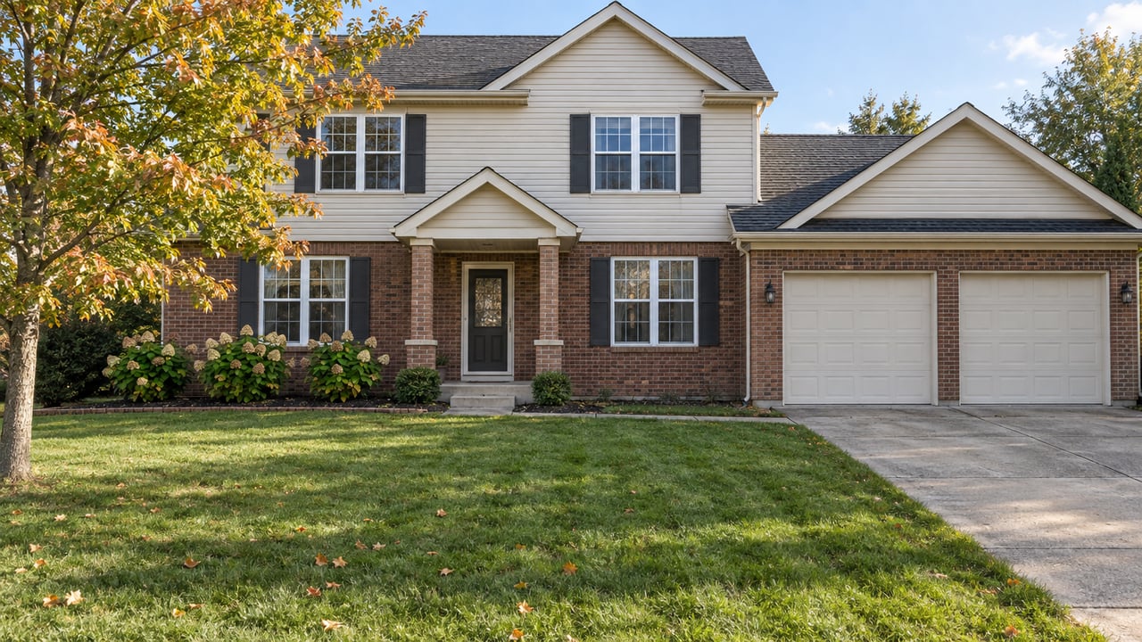 Brick-and-cream-siding home with a broad autumn lawn, sugar maple and attached two-car garage.