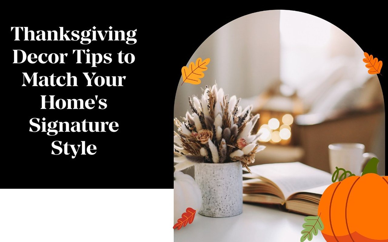 Thanksgiving decor tips for matching your home’s signature style, with a vase of dried flowers and an open book.