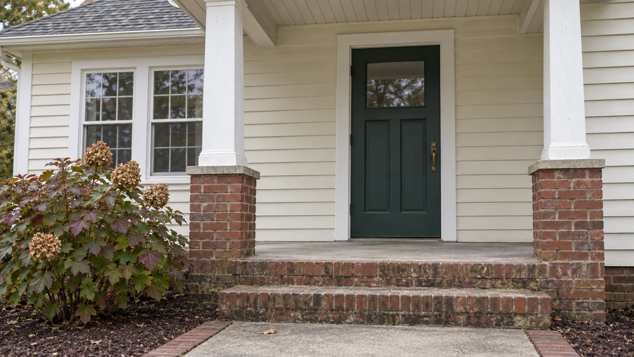 Traditional covered entry with ivory clapboard siding, a dark green door, brick steps and an oakleaf hydrangea in early autumn.