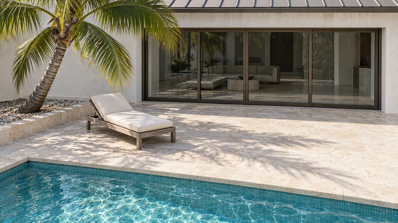 Sunlit limestone pool terrace with a weathered teak chaise, a coconut palm and closed glass doors in a white-stucco waterfront home.