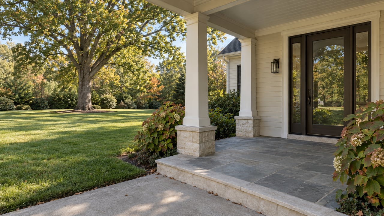 Cream clapboard porch with wood columns overlooks a deep lawn, mature oak, and bronzing hydrangeas.