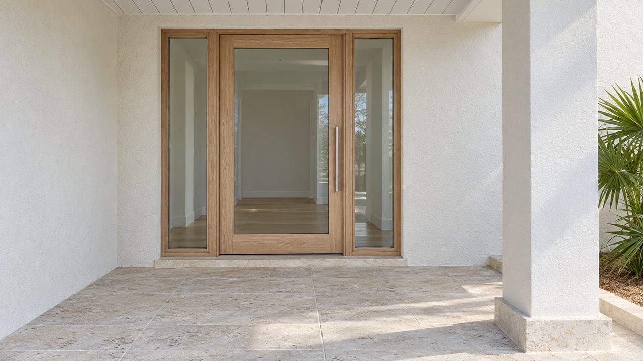 Covered entry of a light stucco house with a pale wood-framed glass door, paired sidelights, limestone paving and saw palmetto fronds.