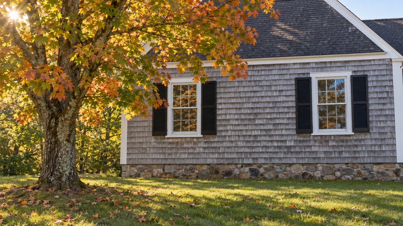 Blue-gray shingle house with white-trimmed windows beside a sugar maple turning amber and copper.
